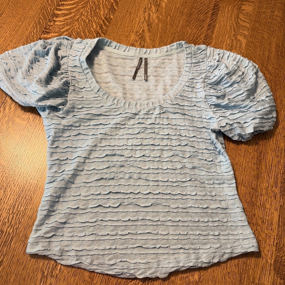 Anthropologie Women's Shirt Top Size S Textured Ruffled Light Blue Puff Sleeve